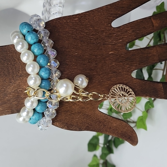 Boho Gold Turquoise Pearl 3 Strand Stretch Bracelet Set - Picture 6 of 6